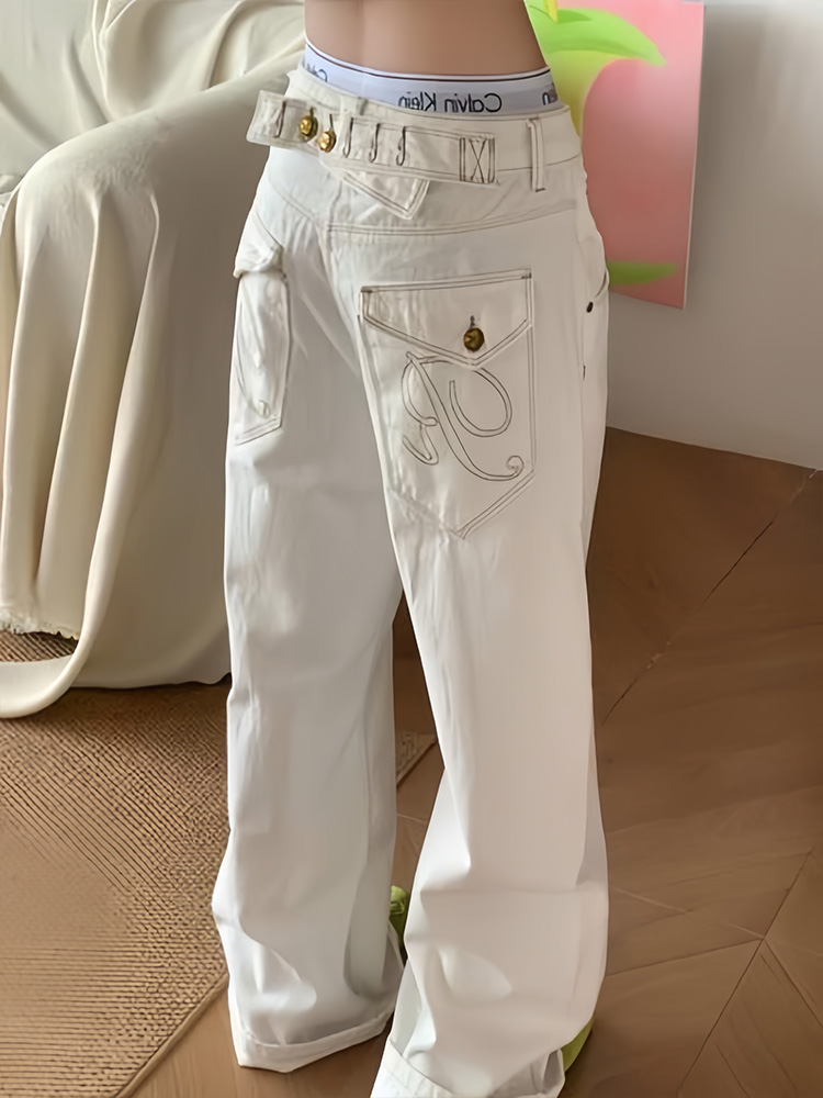 Embroidery White - Jeans de mezclilla blancos estilo retro