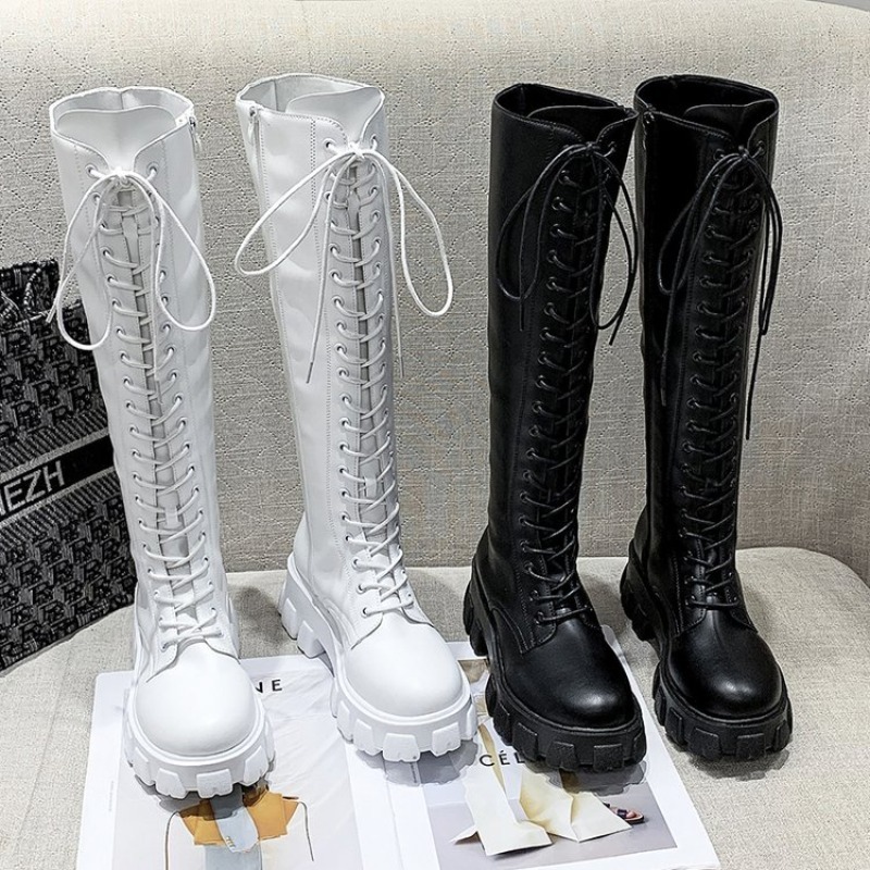 Embroidery White - Botas altas de mujer con cordones,